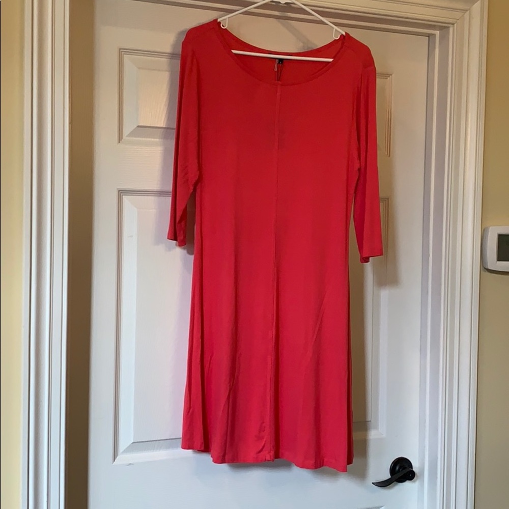 Pink cotton A line dress with 3/4 sleeves